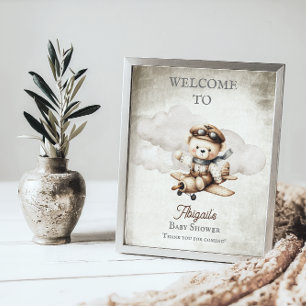 Välkomstskylt för babyskor för Nalle på flygplan Poster