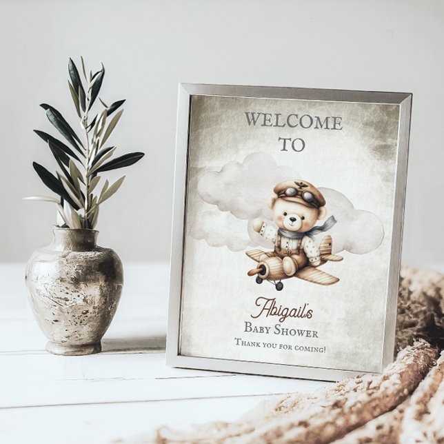 Välkomstskylt för babyskor för Nalle på flygplan Poster (Cute "Special Delivery Via Airmail . . . It's A Boy!" Teddy Bear | Airplane Baby Shower Welcome Sign)
