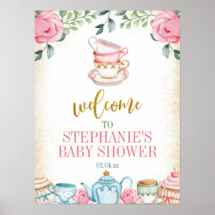 Välkomstskylt för babyskor i Blommigten Tea Party Poster