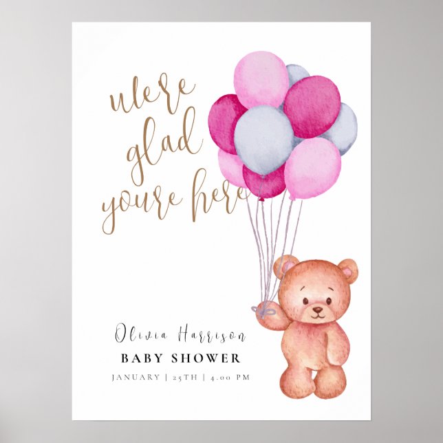 Välkomstskylt för Ballon Baby Shower för Nalle Poster (Framsidan)