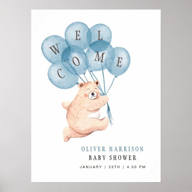 Välkomstskylt för Bear Blue BalloBoy Baby Shower Poster (Framsidan)