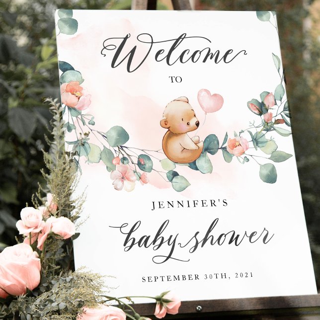 Välkomstskylt för Bear Rosa Girl Baby Shower Poster (Skapare uppladdad)