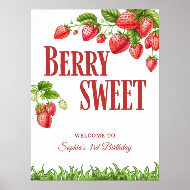 Välkomstskylt för Berry Sweet Strawberry Party Poster (Framsidan)