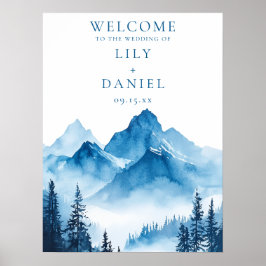Välkomstskylt för blå akvarell bergbröllop poster