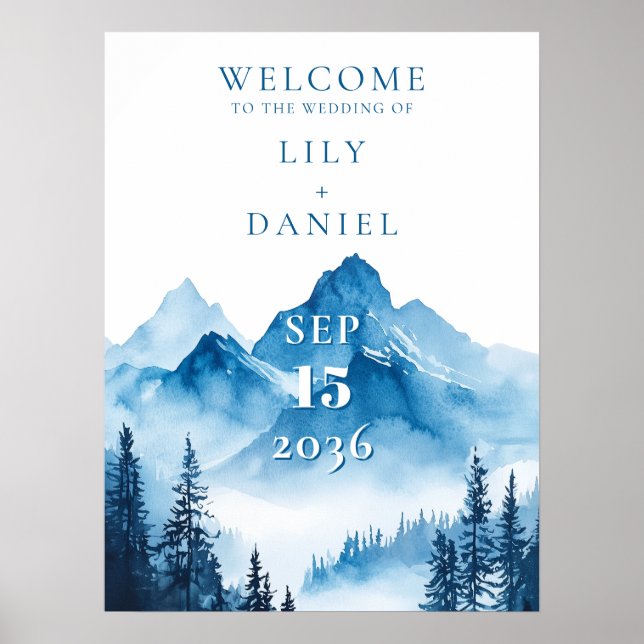 Välkomstskylt för blå akvarell bergbröllop poster (Framsidan)