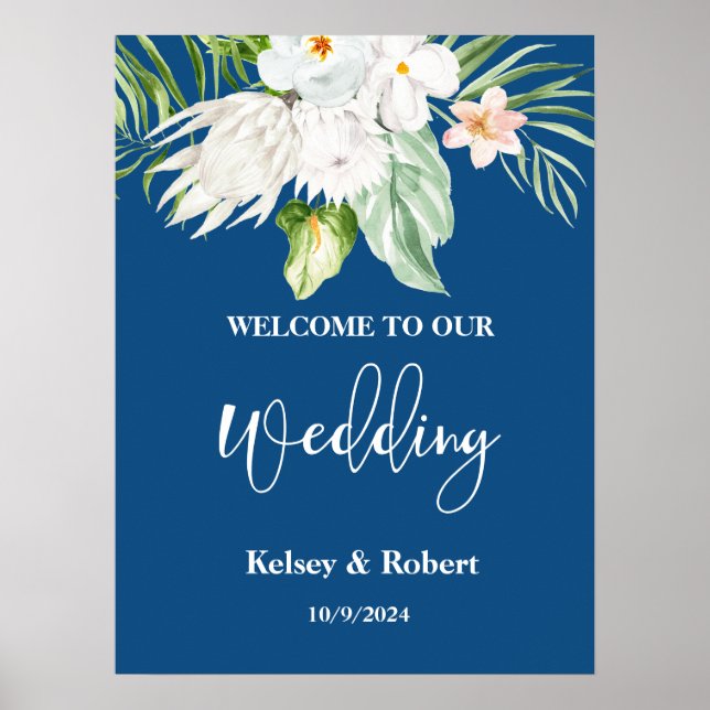 Välkomstskylt för blå Blommigt Bröllop Poster (Framsidan)