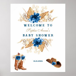 Välkomstskylt för blåa blommor Boots Baby Shower Poster