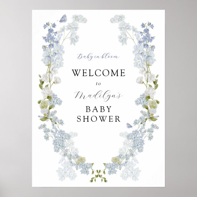Välkomstskylt för blåa blommor Greenery Baby Showe Poster (Framsidan)