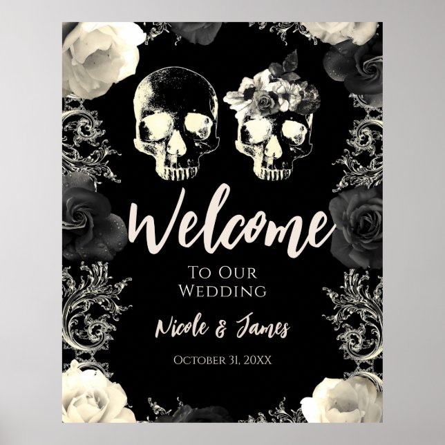 Välkomstskylt för Black Cream Skeleton Skull Bröll Poster (Framsidan)