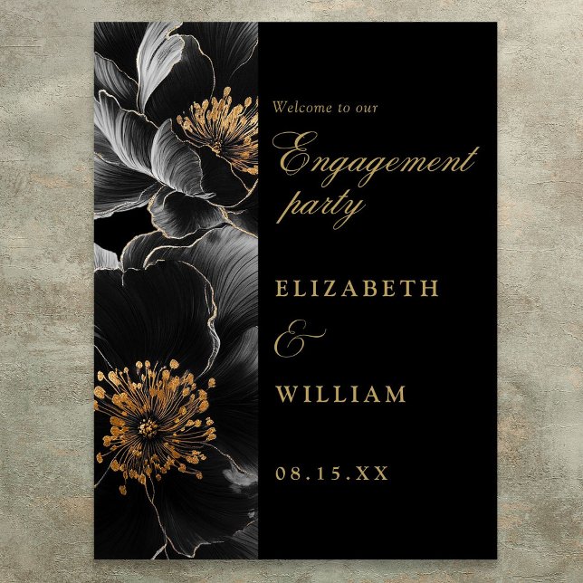 Välkomstskylt för Black Guld Blommigt Förlovningsf Poster (Black Gold Floral Engagement Party Welcome Sign)