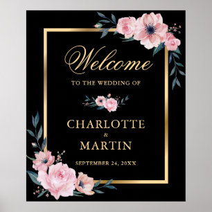 Välkomstskylt för Black  Rosa Guld Blommigt Bröllo Poster