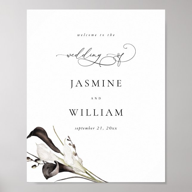 Välkomstskylt för Black & White Blommigt Bröllop Poster (Framsidan)