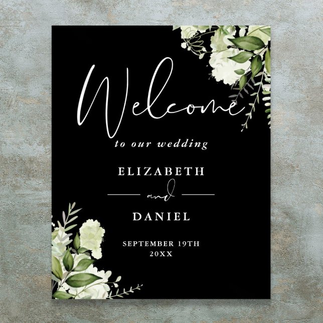 Välkomstskylt för Black White Greenery Blommigt Br Poster (Black White Greenery Floral Wedding Welcome Sign)