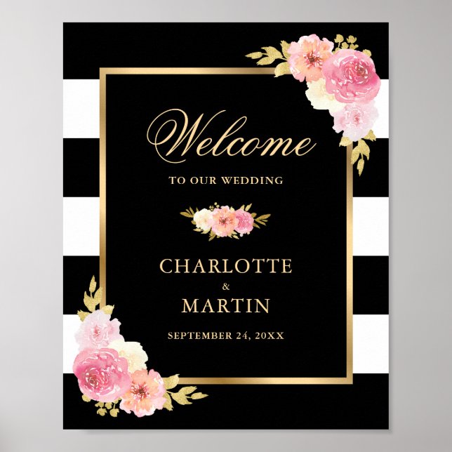 Välkomstskylt för Black White Guld Rosa Blommigt B Poster (Framsidan)