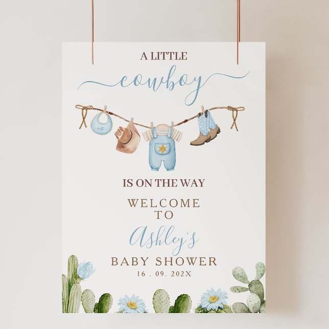 Välkomstskylt för Blåkothes Cowboy Baby Shower Fototryck (Cowboy Baby Shower Welcomes Sign, Little Cowboy Bab Shower Welcome Sign with Cactus, Clothesline)