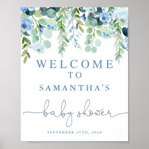 Välkomstskylt för blått blommigt-babydusch poster