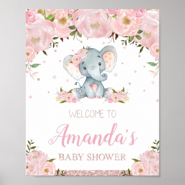 Välkomstskylt för blommigt Elephant Baby Shower Po Poster (Framsidan)