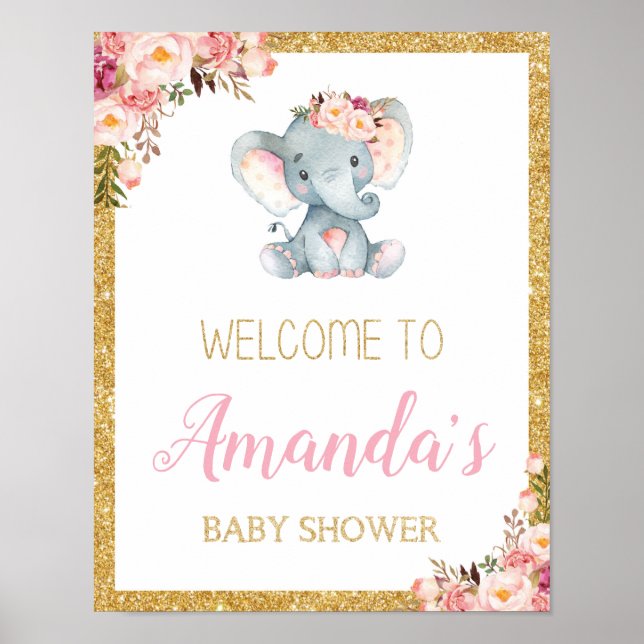 Välkomstskylt för blommigt Elephant Baby Shower Po Poster (Framsidan)