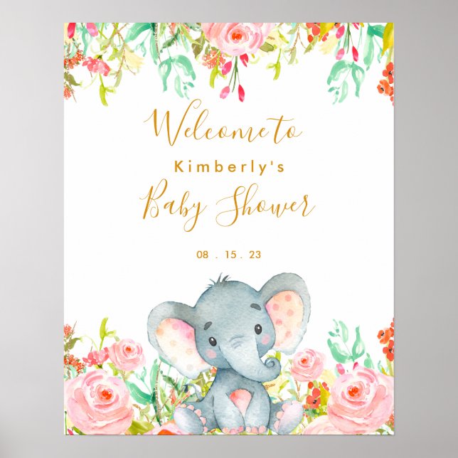 Välkomstskylt för blommigt Elephant Girl Baby Show Poster (Framsidan)