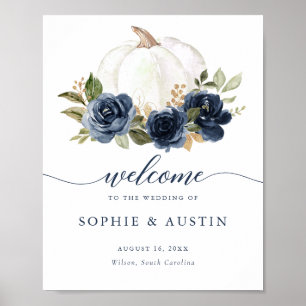Välkomstskylt för blommigt Navy Blue Pumpkin Fall Poster