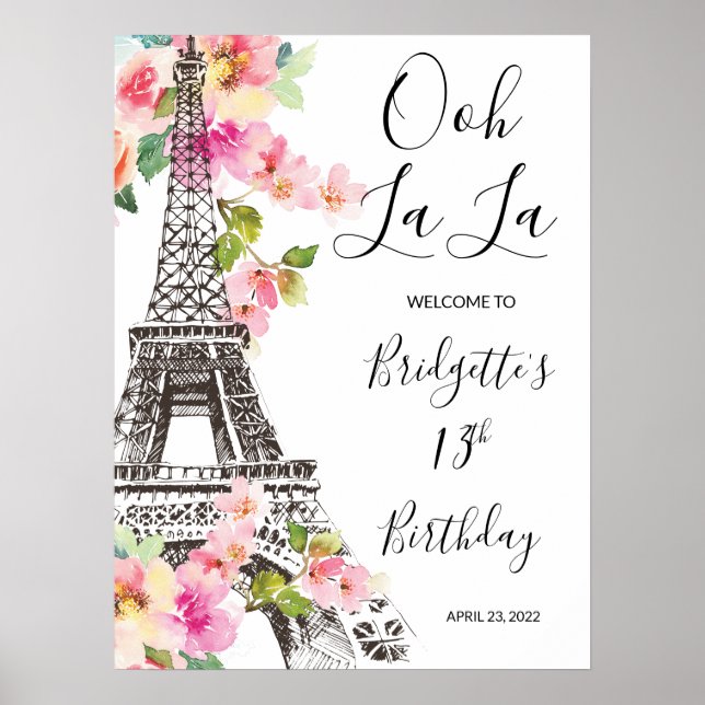 Välkomstskylt för blommigt Paris Eiffel Torn Poster (Framsidan)