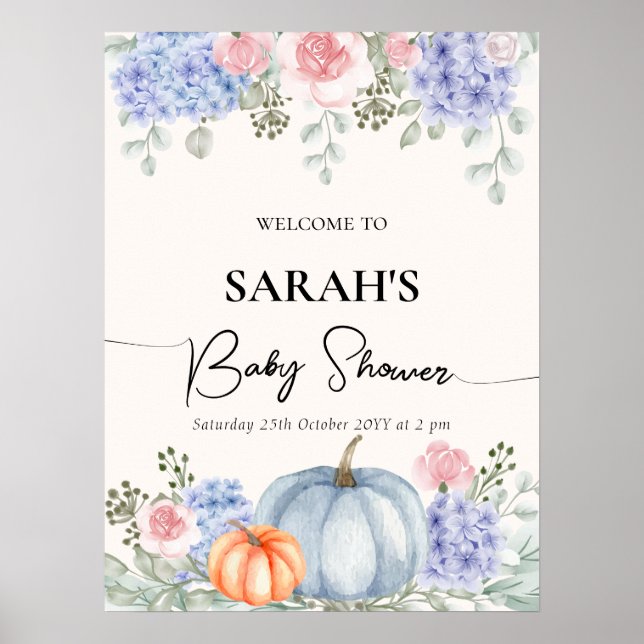 Välkomstskylt för blommigt Pumpkin Fall Baby Showe Poster (Framsidan)