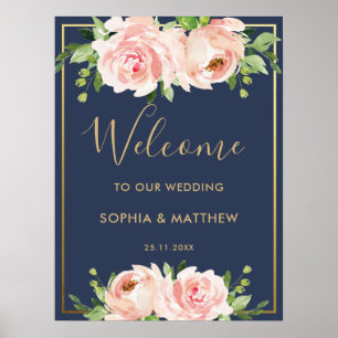 Välkomstskylt för Blommigt Ro Navy Guld Bröllop Poster