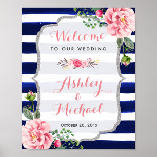 Välkomstskylt för blommigt Silver Navy Rand Bröllo Poster