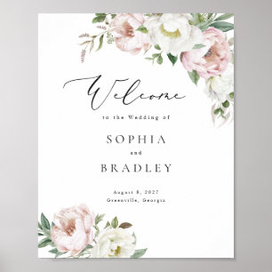Välkomstskylt för blommigt  White Peony Löv Bröllo Poster