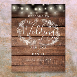 Välkomstskylt för blommigt Wood String Ljus Bröllo Poster