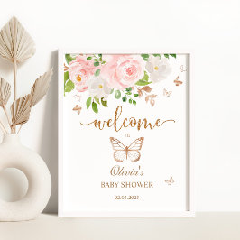 Välkomstskylt för blommigtens fjäril-dusch poster