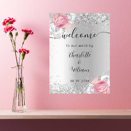 Välkomstskylt för blommor från silver rosa bröllop poster