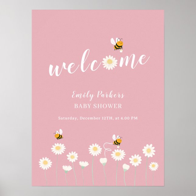 Välkomstskylt för bloOm babystölder för rosa enkel Poster (Framsidan)