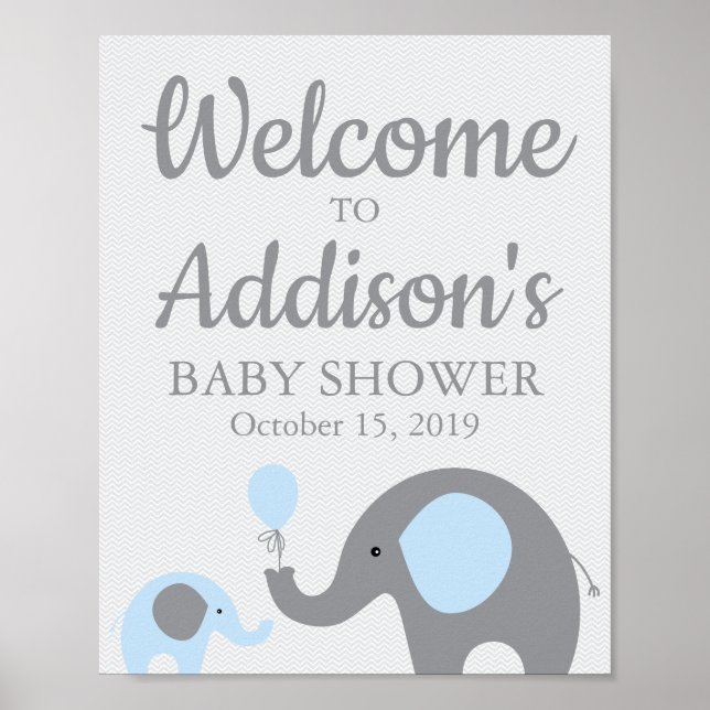 Välkomstskylt för Blue Elephant Baby Shower Poster (Framsidan)