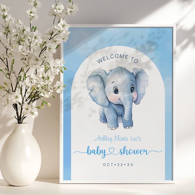 Välkomstskylt för Blue Elephant Baby Shower - Wate Poster (Welcome sign)