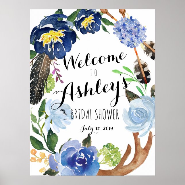 Välkomstskylt för Blue FLower-pojkdusch Poster (Framsidan)