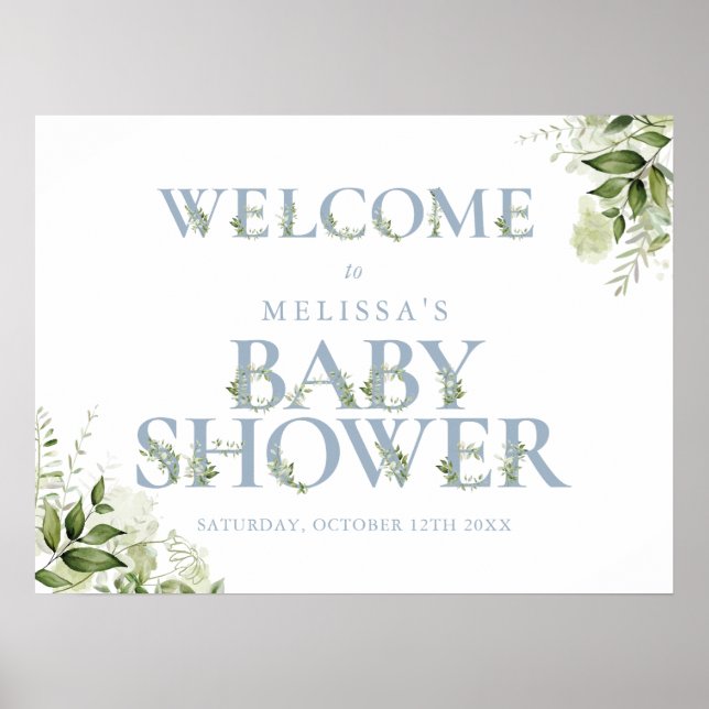 Välkomstskylt för Blue Greenery Brev Baby Shower Poster (Framsidan)