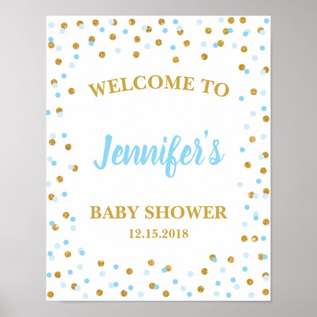 Välkomstskylt för Blue & Guld Baby Shower Personli Poster (Framsidan)