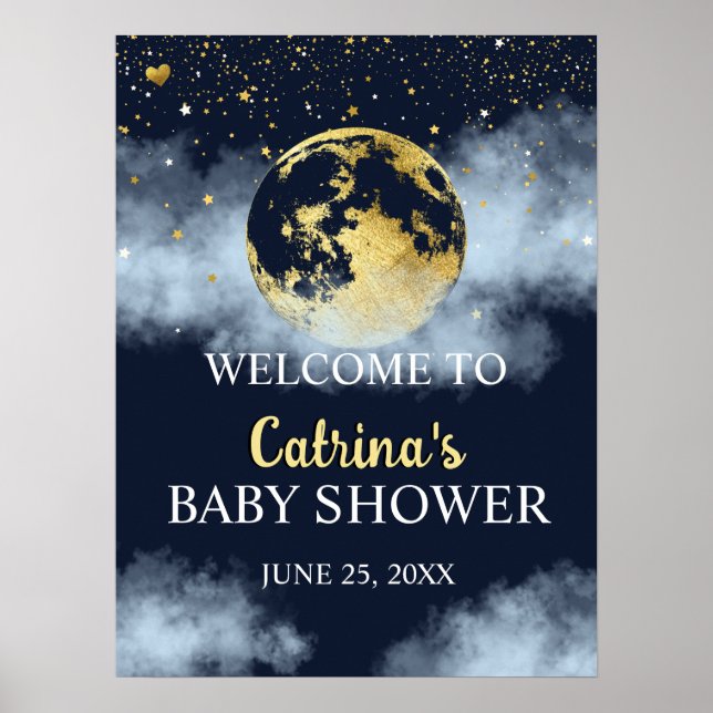 Välkomstskylt för Blue Guld Måne & Stars Baby Show Poster (Framsidan)