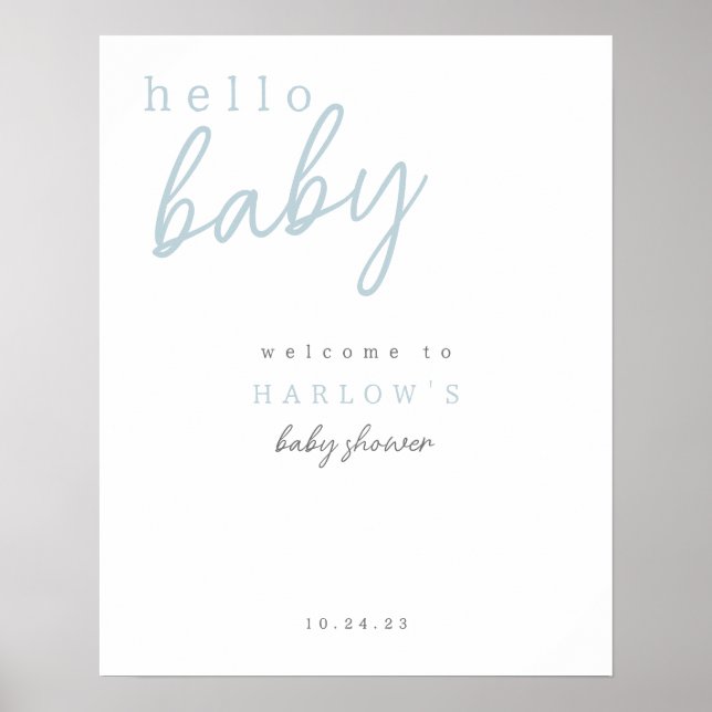 Välkomstskylt för Blue Hej Baby Modern Baby Shower Poster (Framsidan)