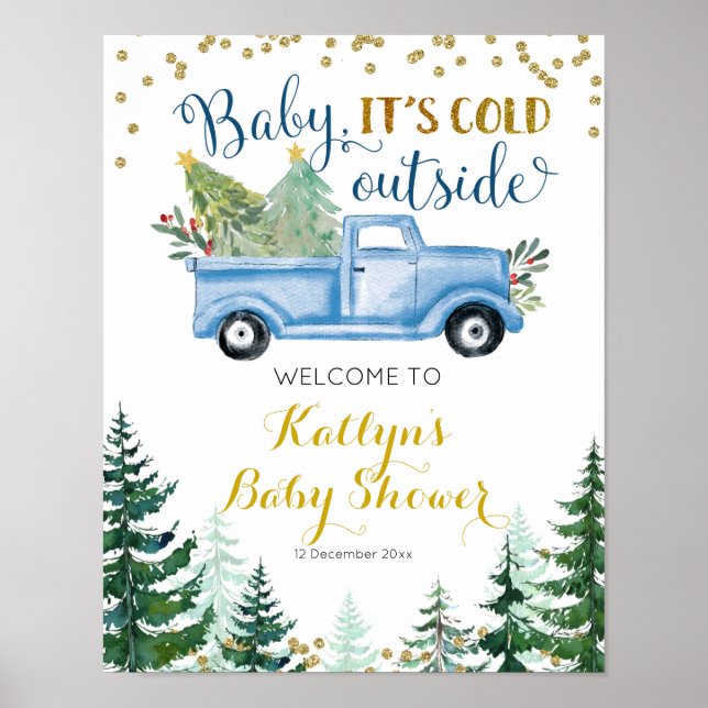 Välkomstskylt för Blue jul Lastbil Baby Shower Poster (Framsidan)