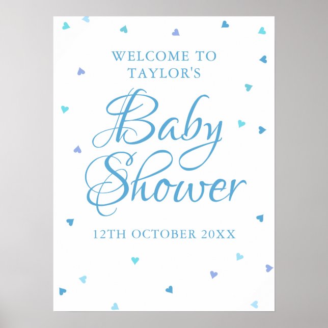 Välkomstskylt för Blue Kärlek Hearts Baby Shower Poster (Framsidan)