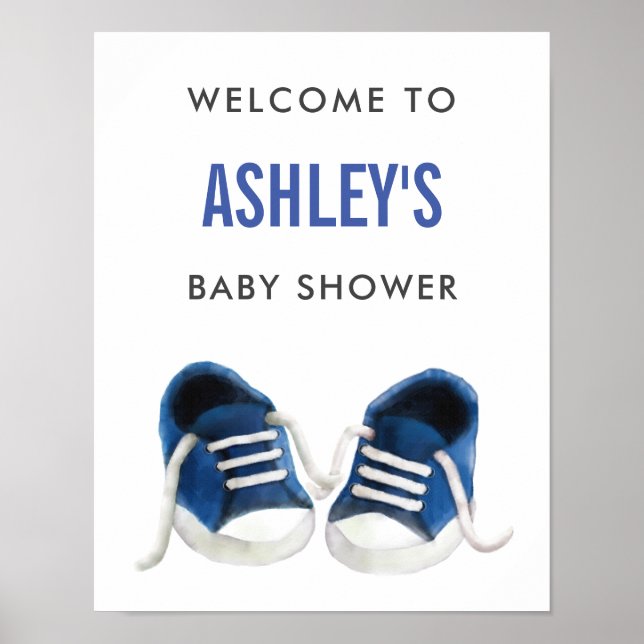 Välkomstskylt för Blue Sneakers Baby Shower Poster (Framsidan)