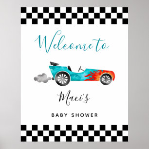 Välkomstskylt för Blue Tävling-bilens babyskor Poster