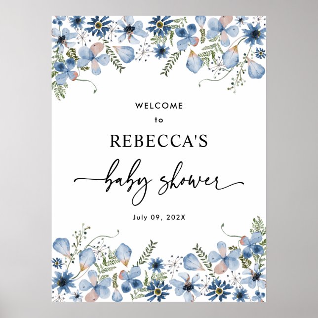 Välkomstskylt för Blue Wildblommor Baby Shower Pos Poster (Framsidan)