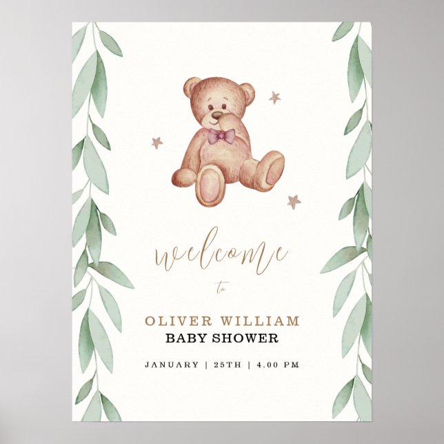 Välkomstskylt för Boho Bear Forest Baby Shower Poster (Framsidan)