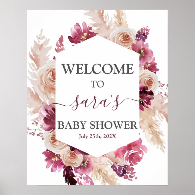 Välkomstskylt för Boho Burgundy Baby Shower Girl Poster (Framsidan)