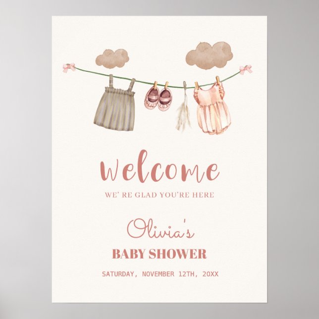Välkomstskylt för Boho Clothesline Girl Baby Showe Poster (Framsidan)