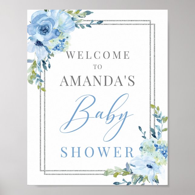 Välkomstskylt för boho dusty Blue blommigt-babydus Poster (Framsidan)