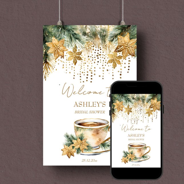 Välkomstskylt för Boho-julvintern möhippa Poster (Boho Christmas winter bridal shower editable template welcome sign poster digital download gold pine)